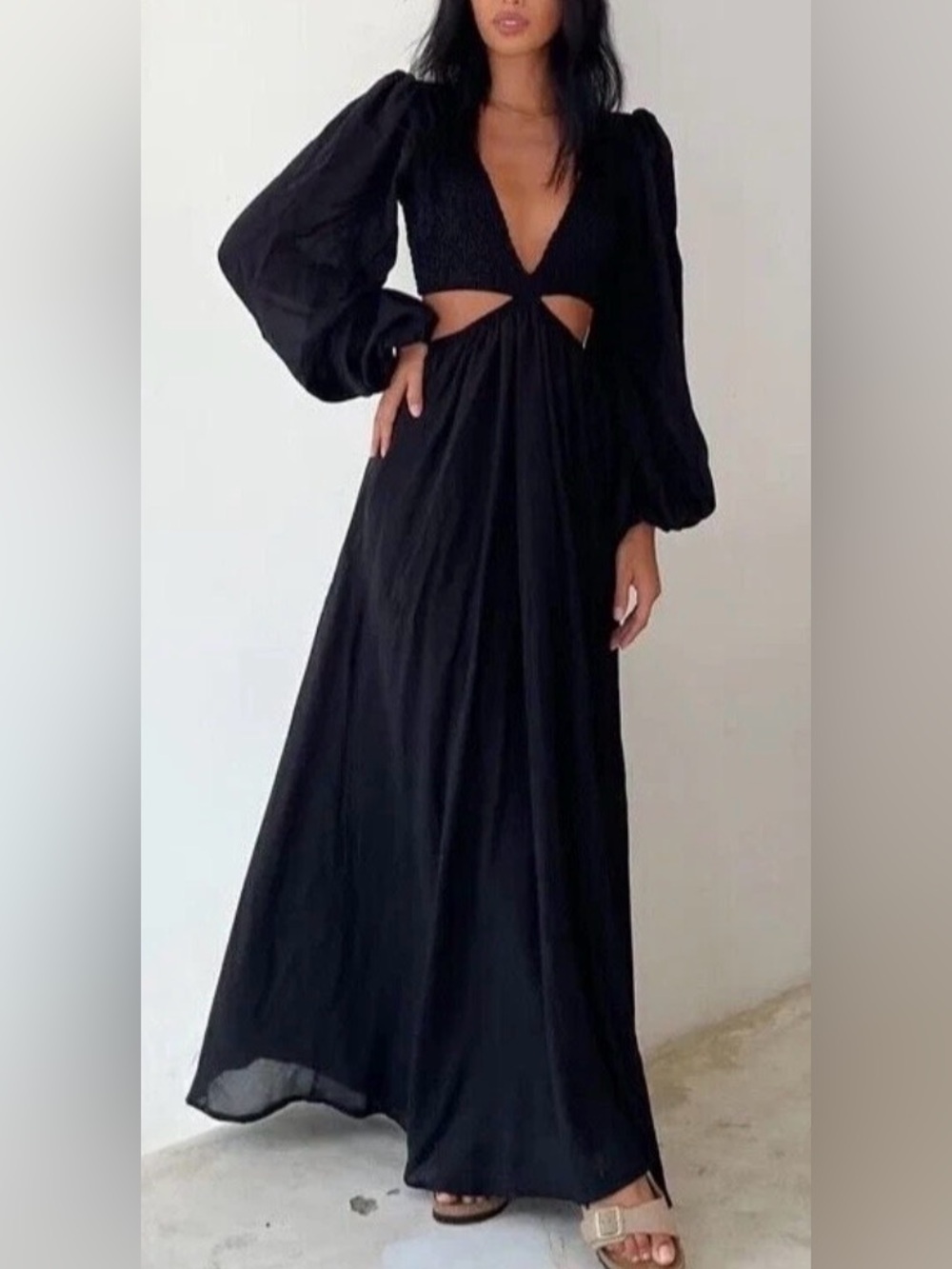 Indah Black Julie Maxi with Cutouts and Puff Sleeves Dress Size Large